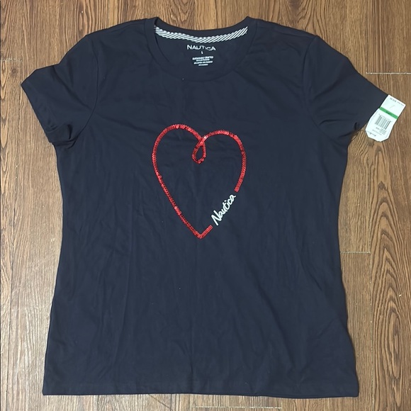 Nautica Navy Tee with Red Heart Embroidery - Picture 1 of 4